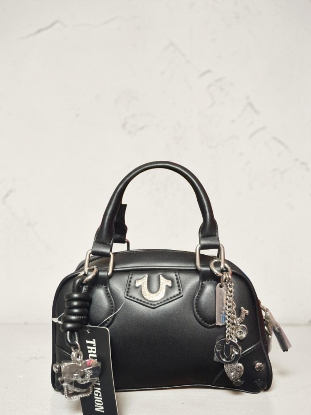 True Religion Black Leather Mini Satchel Silver Charms NWT